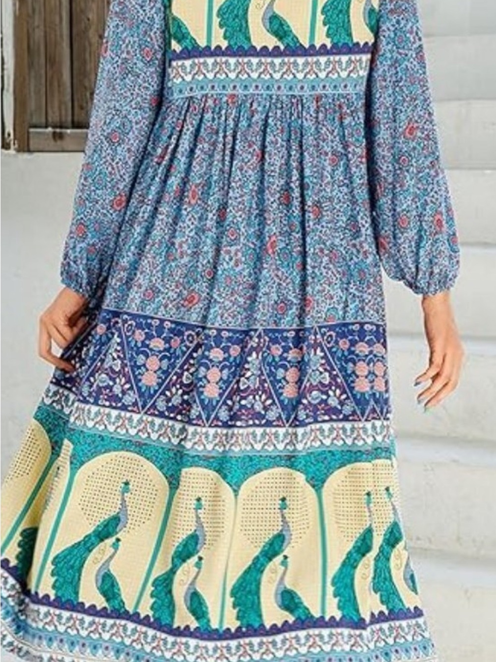 Boho Peacock Print Maxi Dress in Blue 💕 size small - Picture 2 of 7
